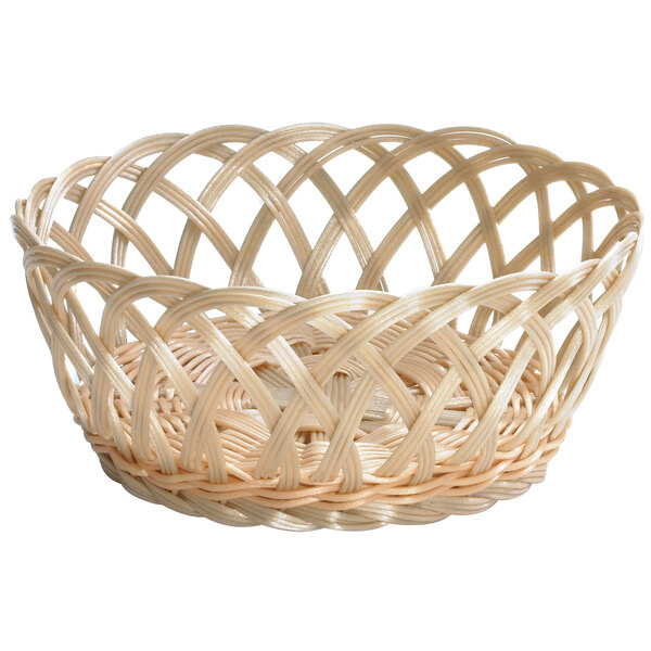 A Tablecraft beige rattan basket with an open weave on a white background.