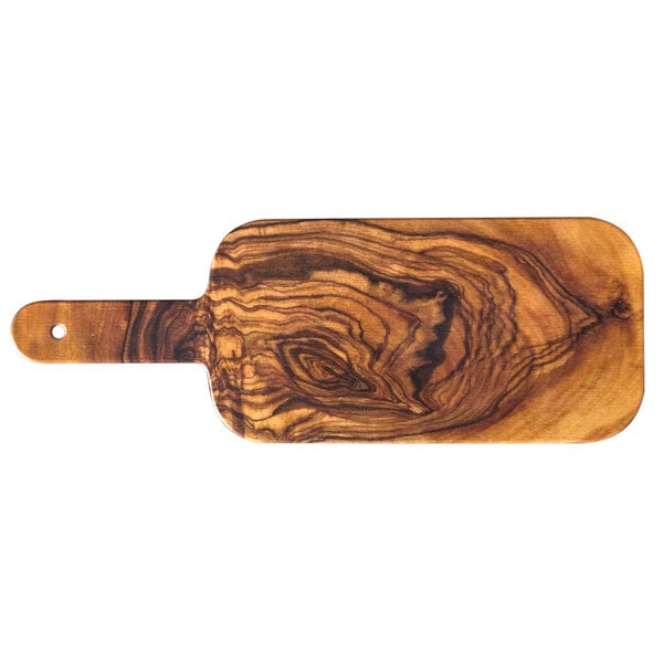An American Metalcraft rectangular melamine serving peel with a faux olive wood design and handle.
