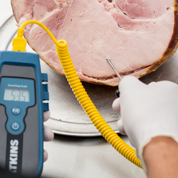 A gloved hand uses a Cooper-Atkins Type-K needle probe attached to a cable to measure the temperature of a ham.
