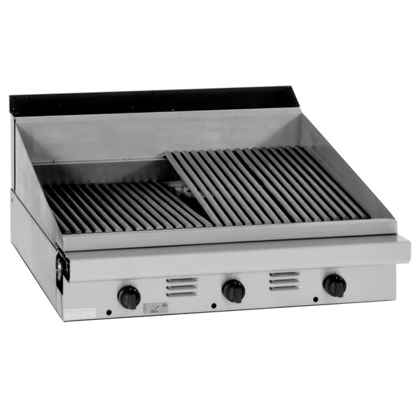A Garland Master Series stainless steel natural gas charbroiler with two burners and briquettes.