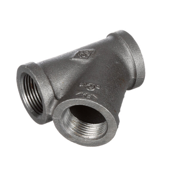 A black metal Cleveland pipe fitting with a 45 degree bend and two nozzles on it.