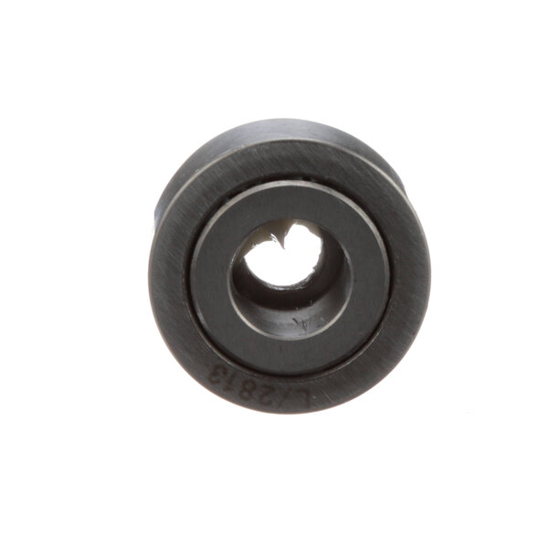 A round metal bearing with a black rubber ring.