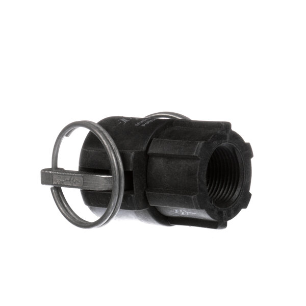 A black plastic Henny Penny drain cap with a metal ring.