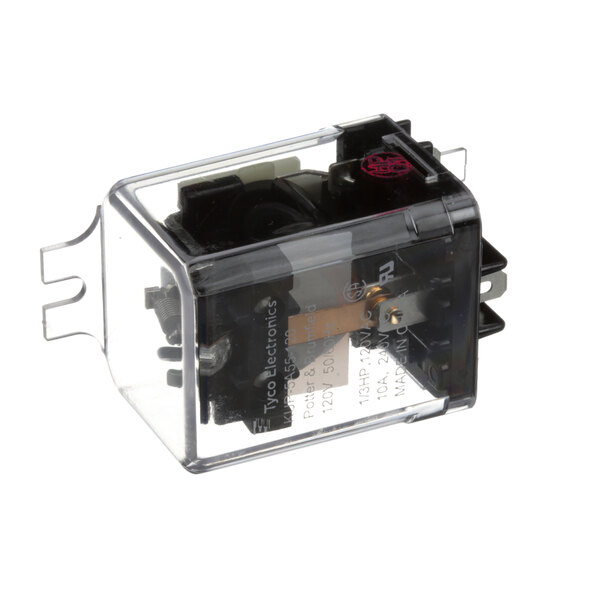 A clear plastic box with black and silver Glastender Relay Evap Fan.