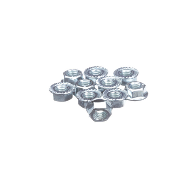 A close up of a group of Rational hex nuts with locking on a white background.