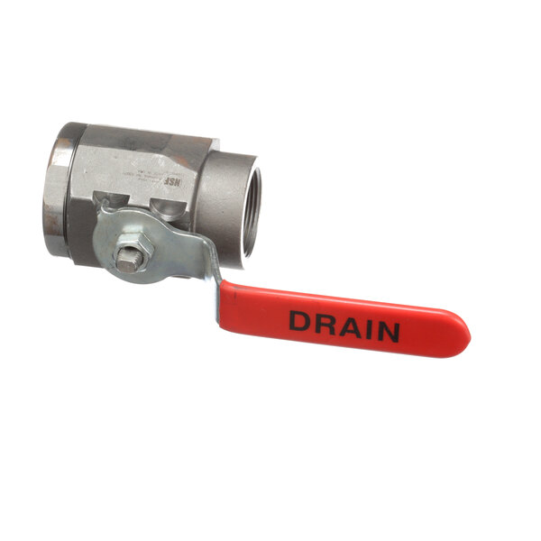 A close-up of a Frymaster 1-1/2 inch drain valve with the word drain on it.