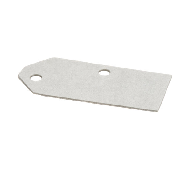 A white rectangular metal tag with holes.