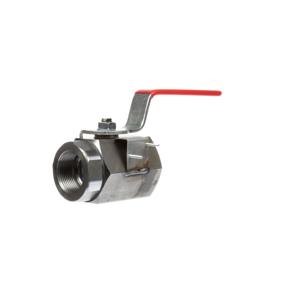 A Frymaster stainless steel ball valve bracket with red handle.