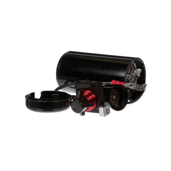 A black cylinder with a red and black cord.