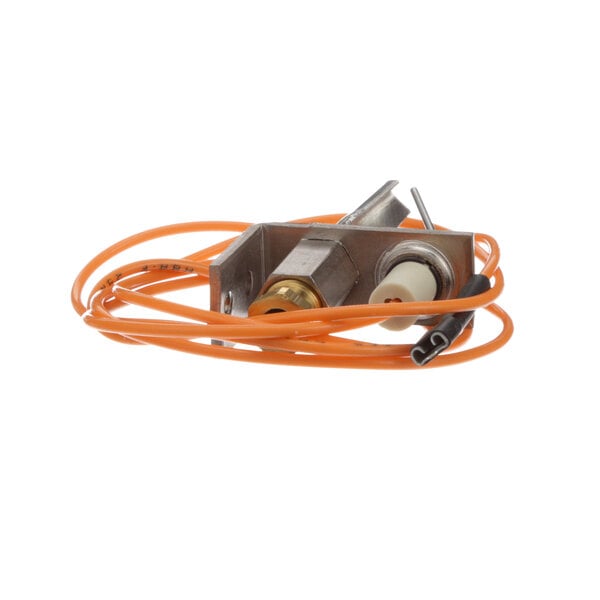 A Market Forge spark ignitor with an orange and white wire connected to a metal box.