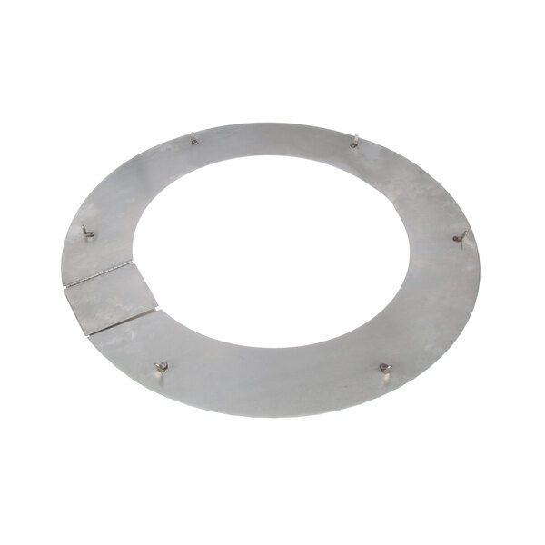 A white circular metal splash cover with screws and holes.