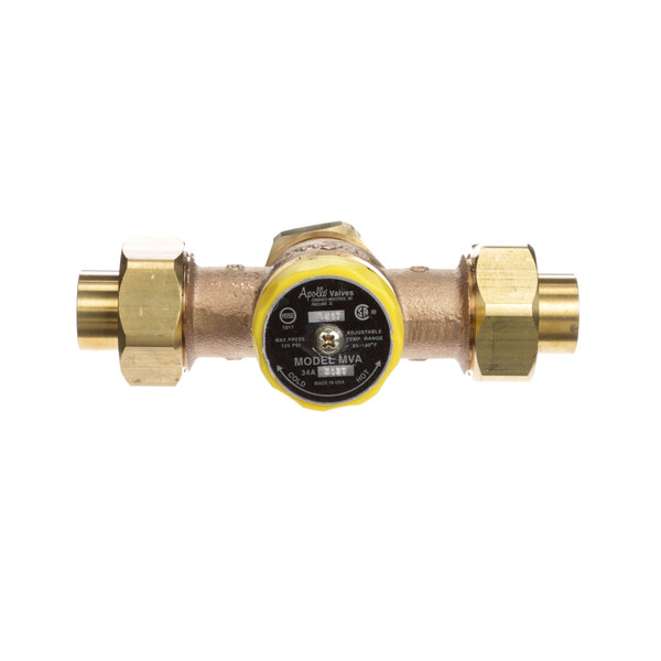 A close-up of a brass Salvajor tempering valve with yellow and black buttons.