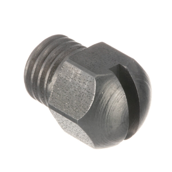 A close-up of a metal bolt with a slotted screw head.