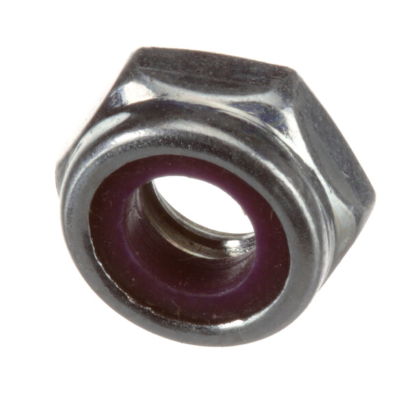 A close-up of a Cleveland metal nut with a purple center.