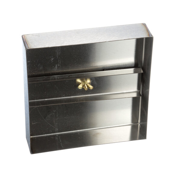 A metal box with a small brass handle.