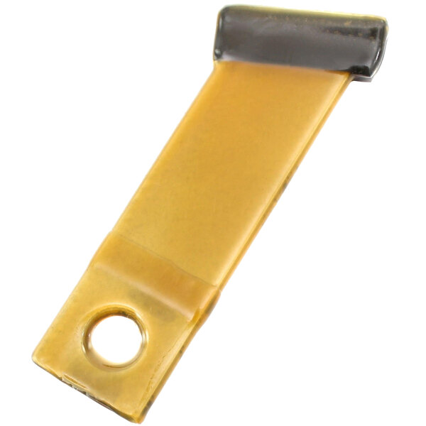 A yellow plastic clip with a black metal hook on a piece of metal.