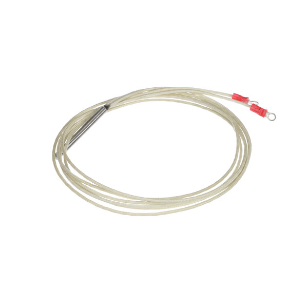 A white cable with red wire caps.