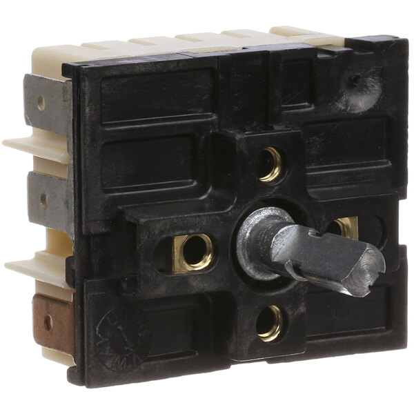 A black Wells Infinite Switch with two screws and a metal knob.
