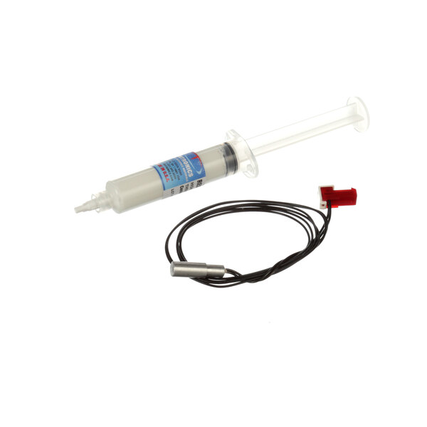 A clear syringe with a wire attached to it.