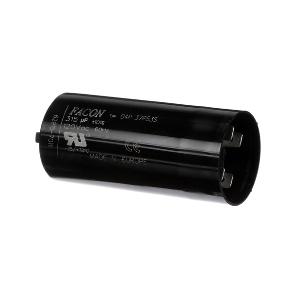 A black cylindrical Robot Coupe capacitor with white text.