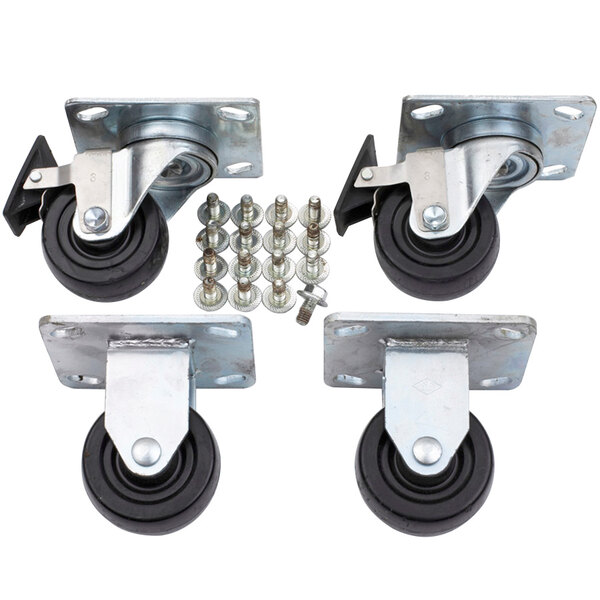A set of four Alto-Shaam casters with black rubber wheels.