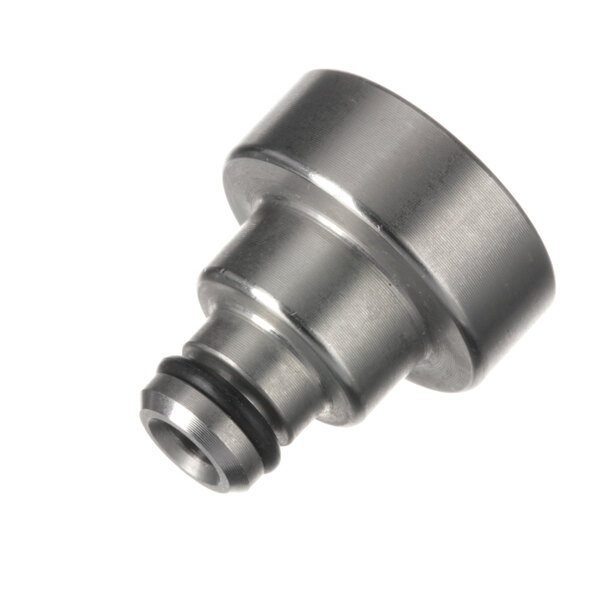 A stainless steel threaded metal nut with a black rubber seal.