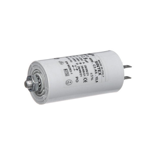 A white cylindrical Electrolux capacitor with black text.