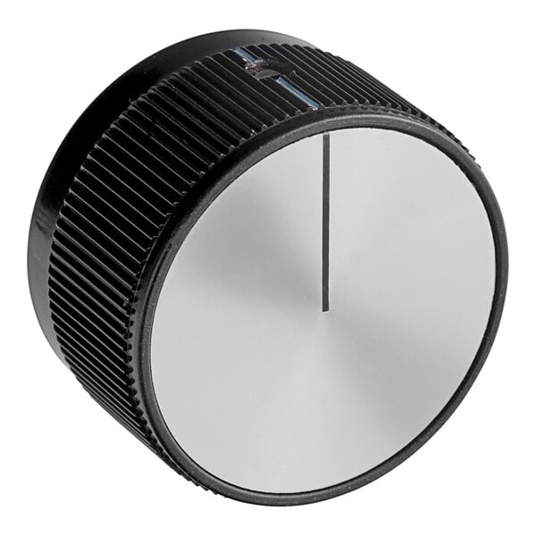 A black and white Hatco control knob with a white circle in the center.