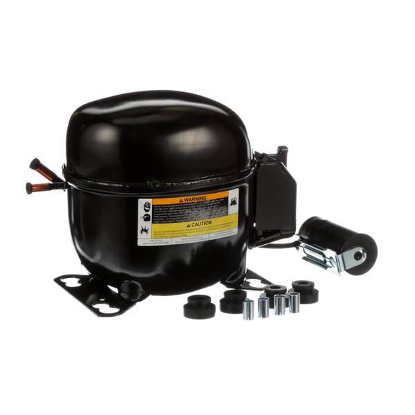 A black Glastender air compressor with screws and a yellow label.