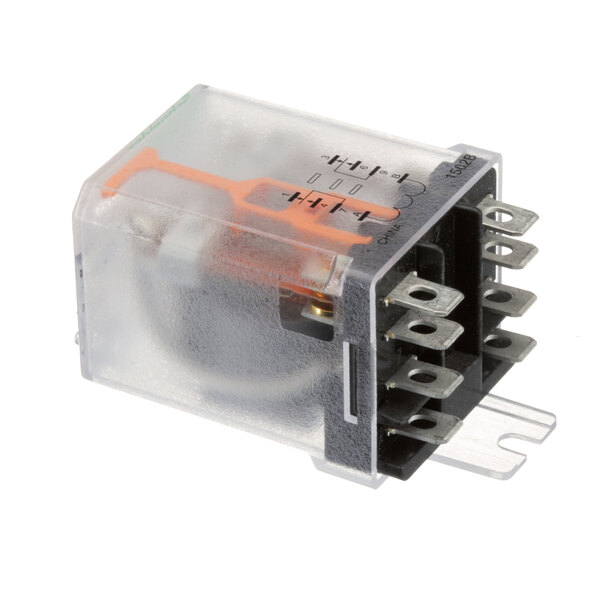 A clear plastic box with black and orange metal parts and wires including a small white and orange Cres Cor 0857 100 relay.