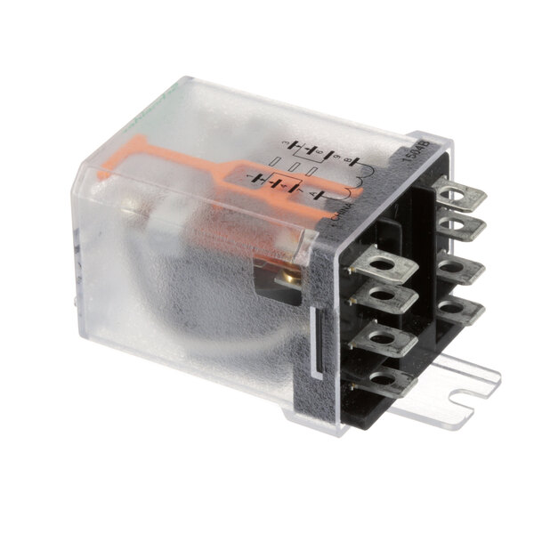 A transparent plastic box with black and orange wires connected to a Cres Cor 0857 102 relay.