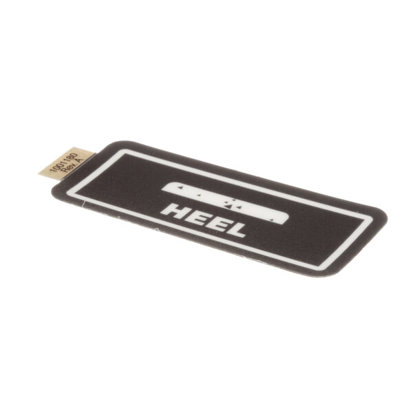 A black rectangular label with white text that says "Heel" on it.