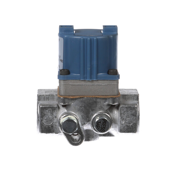 A close-up of a blue and grey mechanical valve.