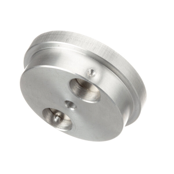 A stainless steel threaded nut with two holes for a SaniServ soft serve machine.
