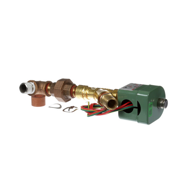 A green and gold Cleveland Blowdown valve with wires inside.