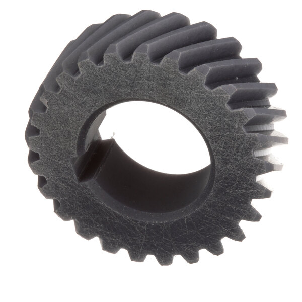 A black nylon gear with a hole in the middle.