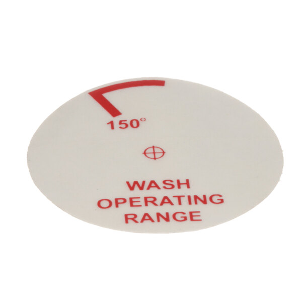 A circular white sticker with red text reading "wash 150f"