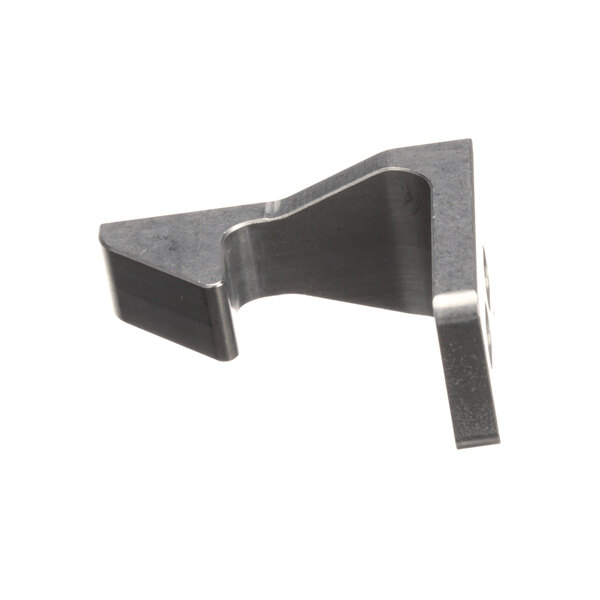 A metal Southbend door striker bracket with a small hole in it.