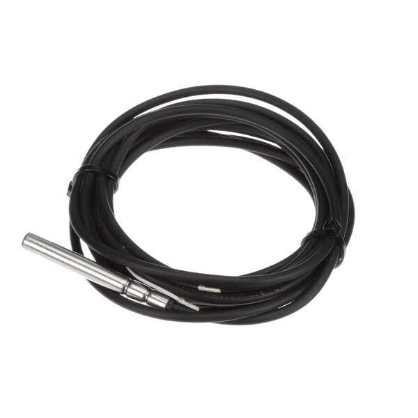 A black cable with silver metal tips.