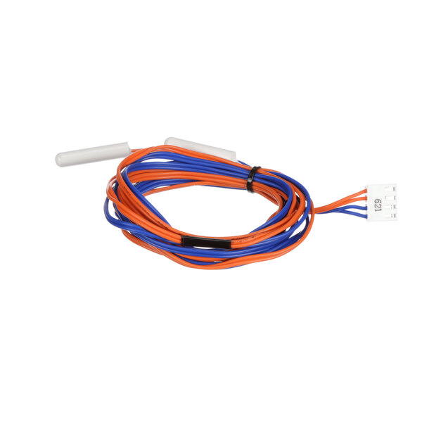 A close-up of an orange and blue wire with a white and blue connector on a Norlake Temperature/Defrost Sensor Kit.