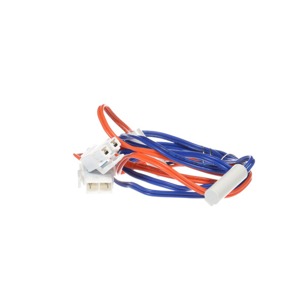 A close-up of a white and blue wire with orange and red wires.