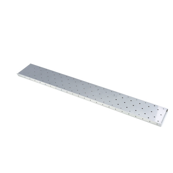 A metal plate with holes on a metal bar.