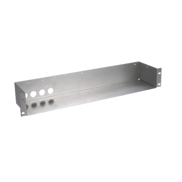 A metal shelf with holes for a US Range Garland rear flue box.