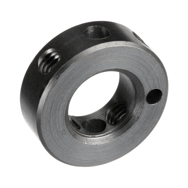 A black steel threaded metal ring with two holes.