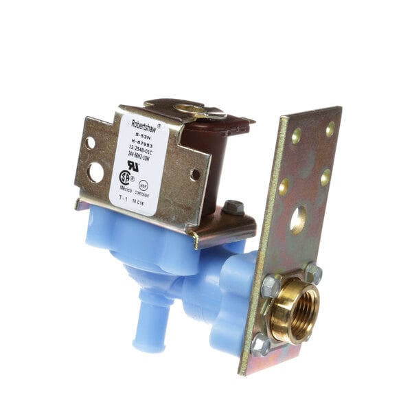 A blue plastic Scotsman water inlet valve with a metal plate.