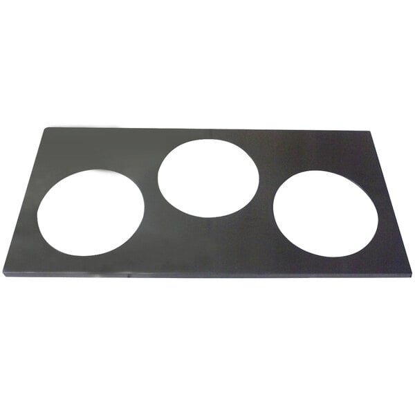 A black rectangular APW Wyott adapter plate with three white circular openings.