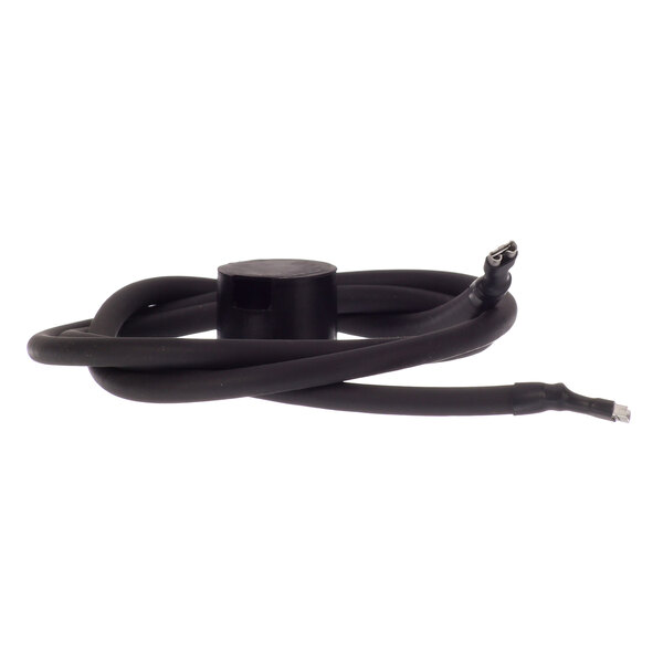 A black cable with a round white cap.