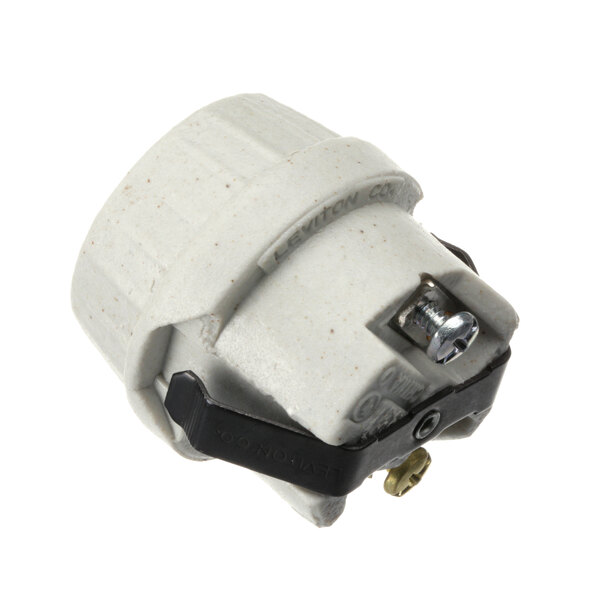 A white plastic Barker light socket plug with a black handle.