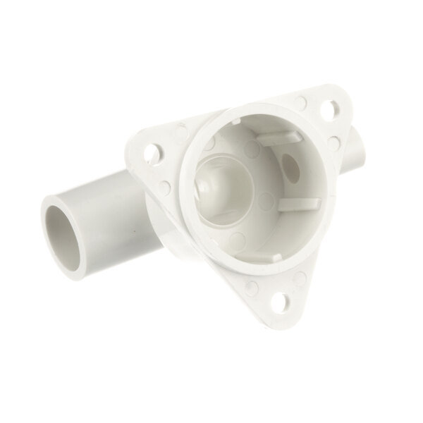 A white plastic valve housing with a circular hole and other holes.