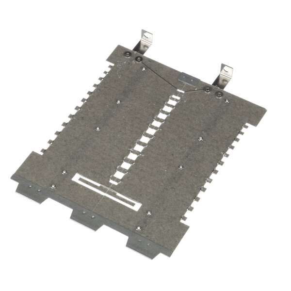 A grey metal Waring element card with holes.